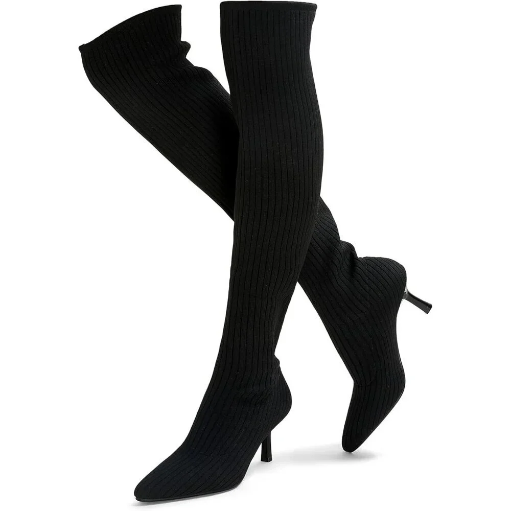 Women's Black Thigh High Socks Pointed Toe Over-the- Knee High Heel Boots
